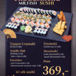 Tilbudsmenu med sushi og tilbehør, 61 stykker til 369 kr.