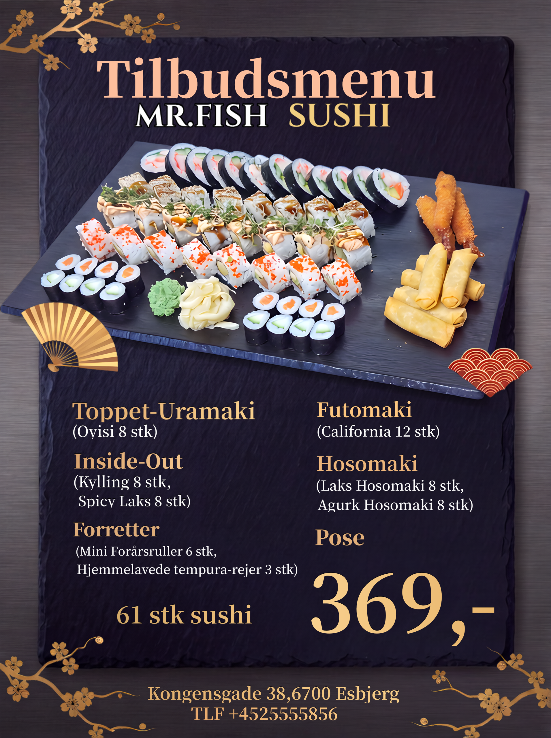 export_3 esbjerg Tilbudsmenu med sushi og tilbehør, 61 stykker til 369 kr.